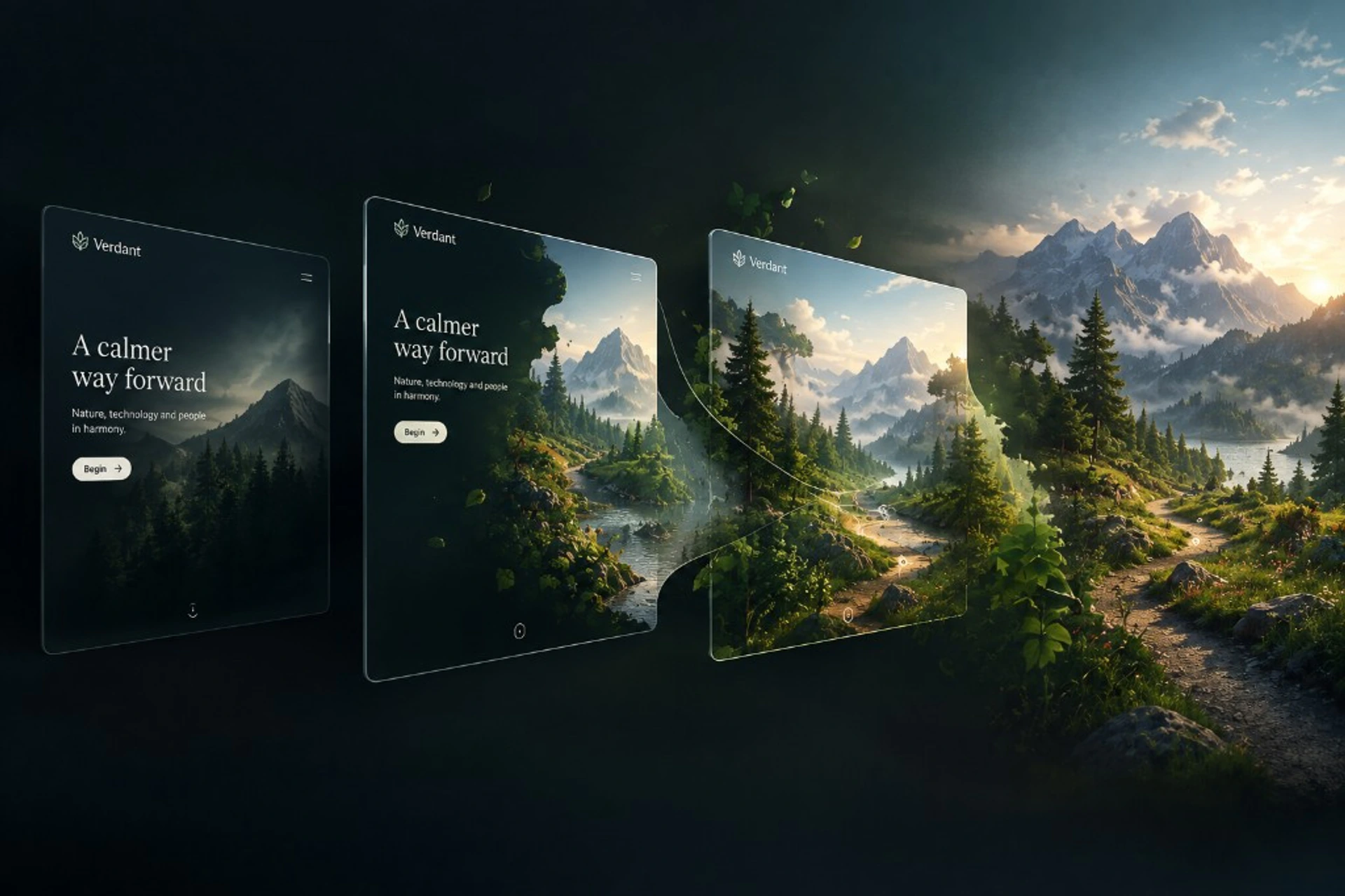 Verdant — interface panels dissolving into a mountain landscape
