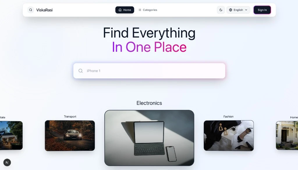ViskaRasi — liquid-glass marketplace homepage with search and category carousel